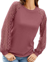Mauve full size eyelet round neck long sleeve T-shirt with lace sleeves