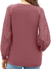 Women’s full size eyelet round neck long sleeve mauve top with lace sleeves