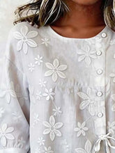 Full size plus size white floral embroidered button down shirt with delicate lace detailing and button closures