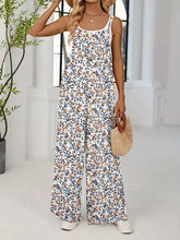 White full-size floral print wide leg jumpsuit with orange navy blossoms