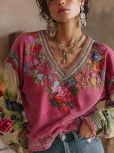 Pink velvet floral v neck blouse plus size with vibrant embroidery and beaded detailing on neckline cuffs and hem