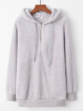 Light gray plush fleece hoodie with half zip front and matching drawstrings full size plus size fleece hoodie with long sleeve length