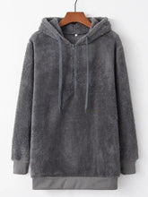 Gray full size fleece hoodie with half zip front and matching drawstrings featuring long sleeve length for plus size