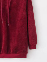 Full size half zip drawstring fleece hoodie plus size in deep red with soft texture and ribbed sleeve length cuffs
