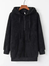 Black full size fleece hoodie with half zip front, drawstrings, and long sleeve length in plus size design