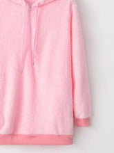 Full size plus size pink fleece hoodie with half zip front, matching drawstrings, and long sleeve length design