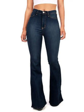 Dark indigo denim high-waisted bootcut jeans with classic stitching designed for plus size wear