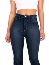 Dark blue high-waisted bootcut jeans with fitted cut and classic five-pocket design in plus size denim material