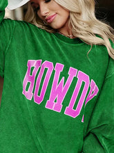 Full size Howdy graphic round neck sweatshirt in corduroy with pink letters