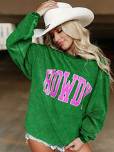 Green corduroy full size howdy round neck oversized sweatshirt with pink lettering suitable for tumble dry care