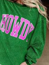 Green corduroy oversized sweatshirt with bold pink howdy lettering, full size plus size, suitable for tumble dry