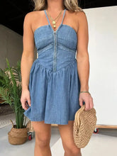 Full size lace up halter neck denim dress in blue featuring a front zipper and ruched detailing for plus size wear