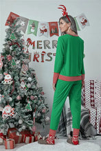 Full size merry christmas graphic top and pants lounge set with green elf theme and red and white striped sleeve length accents
