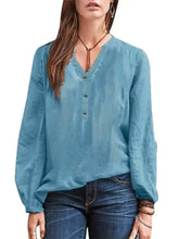 Full size notched long sleeve blouse in light blue with v neck and button closure for plus size wear