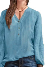Light blue full size notched long sleeve blouse with v neck and button front detail for plus size women