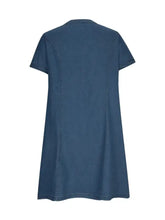 Navy blue denim dress with short sleeves and a simple straight-cut silhouette featuring a notched short design