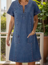 Blue denim dress with notched short sleeves and front pockets in full size for casual wear