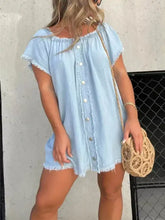 Light blue full size off-shoulder frayed denim dress with button front in plus size style