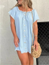 Light blue frayed denim dress with off-shoulder button-down front in plus size full size design