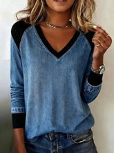 Full size patchwork v neck long sleeve blouse in blue denim with black raglan sleeves and cuffs for plus size wear