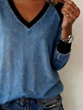 Blue denim full size patchwork v neck long sleeve blouse with black contrast trim on neckline and sleeve cuffs