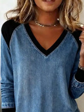 Blue denim size patchwork v neck long sleeve blouse with black raglan sleeves in plus size for casual wear