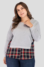 Women’s full size plaid patch drop shoulder round neck top in gray