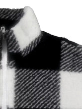 Full size black and white plaid sherpa sweatshirt with plush collar made of fleece and machine wash care instructions