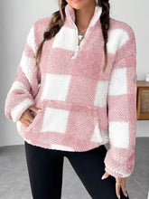 Pink and white checkered sherpa sweatshirt with half-zip front in plus size full size plaid fleece pullover machine wash care instructions