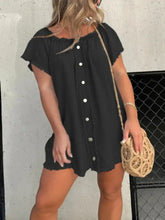 Black off-the-shoulder mini denim dress with raw hem, button front, and short sleeves in plus size