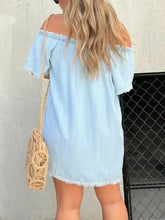 Light blue off the shoulder denim dress with raw hem and short sleeves plus size mini denim dress