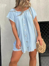 Light blue plus size mini denim dress with raw hem frayed edges and button front in soft denim material