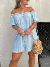 Light blue off-shoulder plus size mini denim dress with raw hem frayed edges and button front closure