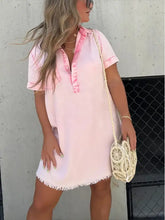 Full size soft pink denim dress with raw hem, short sleeves, collar, and slightly stretchy fabric, plus size