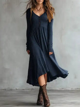 Navy blue ribbed knit long-sleeved button-front midi sweater dress