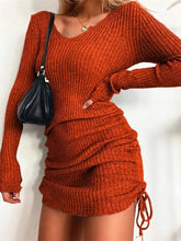 Cozy rust-orange ribbed knit drawstring bodycon sweater dress, long sleeves, ruched side tie