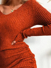 Burnt orange ribbed knit drawstring bodycon sweater dress plus size v-neck back view