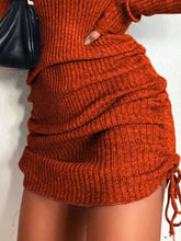Full size ribbed rust-orange knit bodycon mini dress with ruched waist and side ties