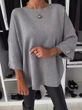 Gray oversized knit full size round neck drop shoulder top with ribbed trim machine wash cold slightly stretchy