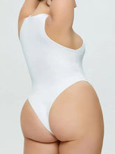 A sleek white full size round neck bodysuit with a high-cut leg and round neck wide strap racerback design