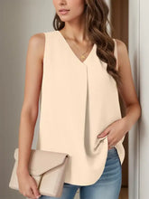 Beige full size ruched v neck tank sleeveless blouse with soft flowing fabric and elegant neckline design