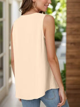 Beige full size ruched v neck tank with sleeveless relaxed fit and high low hemline for casual wear
