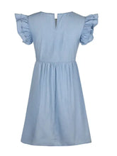 Light blue denim dress with cap sleeves and size ruffled round neck featuring a fitted waist design