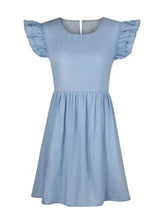 A light blue denim dress with ruffled cap sleeves and a gathered waist in a full size ruffled round style