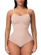 Beige full size seamless scoop neck shaping bodysuit plus size with thin straps and smooth bodycon design