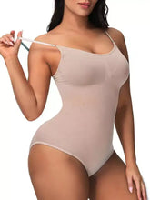 Beige full size seamless scoop neck shaping bodysuit plus size with thin straps and smooth stretchy fabric