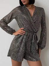 Shimmering silver sequin surplice tie waist long sleeve romper, machine wash