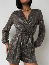 Shimmering gold sequin surplice tie waist long sleeve romper, machine wash