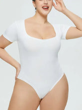 White short sleeve bodysuit with square neck short design and high-cut legs for full size fit