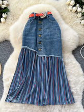 Full size striped patchwork denim skirt featuring a button-front top and flowing blue red white pleated bottom
